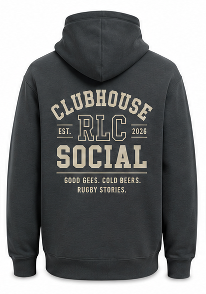 Back view of the Clubhouse Social Hoodie in Charcoal