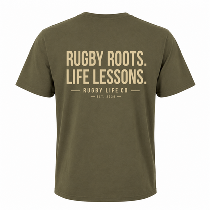 Back view of Rugby Life Co Rugby Roots, Life Lessons T-Shirt
