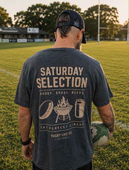 Real life photo of the Rugby Life Co Saturday Selection T-Shirt