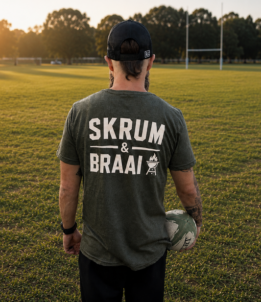 Real life photo of the Rugby Life Co Skrum & Braai T-Shirt